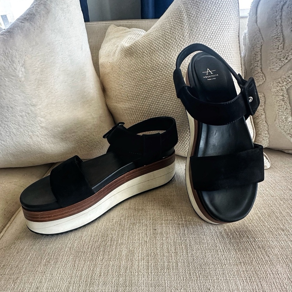 Aquatalia Black Suede Block Heel Sandals – Women’s 8.5